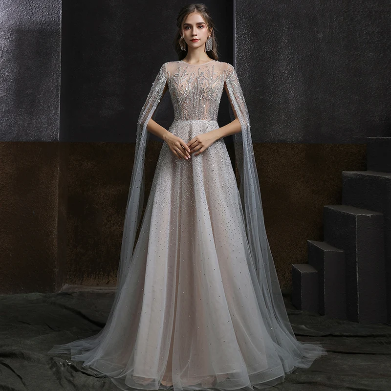 Illusion Grey See Through Evening Dresses 2020 A Line Princess Scoop Neck Sleeveless Beading Rhinestone Sweep Train Ruffle Formal Dresses Illusion Grey See Through Evening Dresses 2020 A Line Princess Scoop Neck Sleeveless Beading Rhinestone Sweep Train Ruffle Formal Dresses