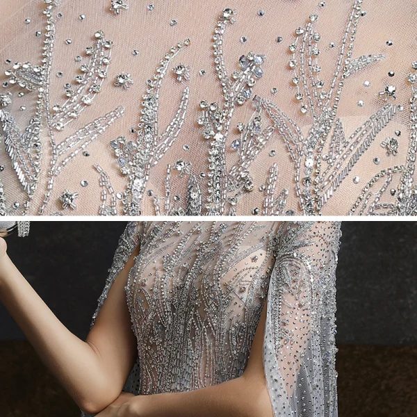 Illusion Gris Transparentes Robe De Soirée 2020 Princesse Encolure Dégagée Sans Manches Perlage Faux Diamant Train De Balayage Volants Robe De Ceremonie