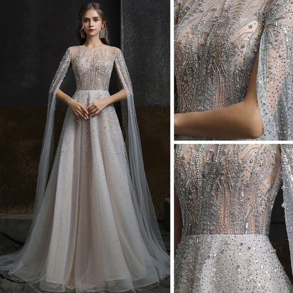 Illusion Gris Transparentes Robe De Soirée 2020 Princesse Encolure Dégagée Sans Manches Perlage Faux Diamant Train De Balayage Volants Robe De Ceremonie