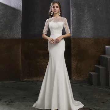 Elegant White Satin Evening Dresses 2020 Trumpet Mermaid See Through Scoop Neck 1 2 Sleeves Beading Pearl Sequins Sweep Train Formal Dresses