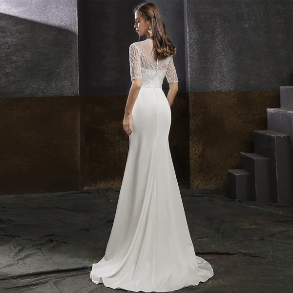 Élégant Blanche Satin Robe De Soirée 2020 Trompette / Sirène Transparentes Encolure Dégagée 1/2 Manches Perlage Perle Paillettes Train De Balayage Robe De Ceremonie