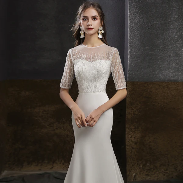 Élégant Blanche Satin Robe De Soirée 2020 Trompette / Sirène Transparentes Encolure Dégagée 1/2 Manches Perlage Perle Paillettes Train De Balayage Robe De Ceremonie