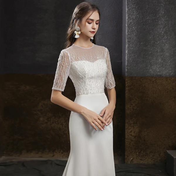 Élégant Blanche Satin Robe De Soirée 2020 Trompette / Sirène Transparentes Encolure Dégagée 1/2 Manches Perlage Perle Paillettes Train De Balayage Robe De Ceremonie