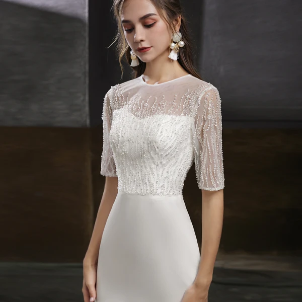 Élégant Blanche Satin Robe De Soirée 2020 Trompette / Sirène Transparentes Encolure Dégagée 1/2 Manches Perlage Perle Paillettes Train De Balayage Robe De Ceremonie