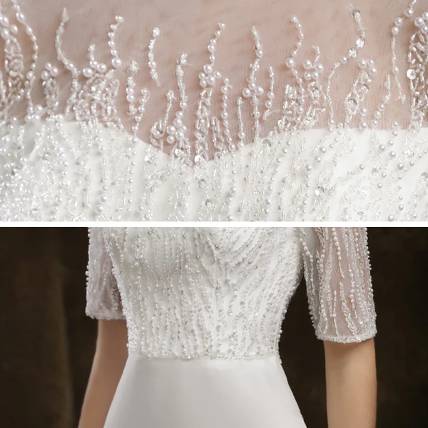 Élégant Blanche Satin Robe De Soirée 2020 Trompette / Sirène Transparentes Encolure Dégagée 1/2 Manches Perlage Perle Paillettes Train De Balayage Robe De Ceremonie