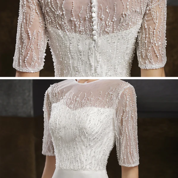 Élégant Blanche Satin Robe De Soirée 2020 Trompette / Sirène Transparentes Encolure Dégagée 1/2 Manches Perlage Perle Paillettes Train De Balayage Robe De Ceremonie