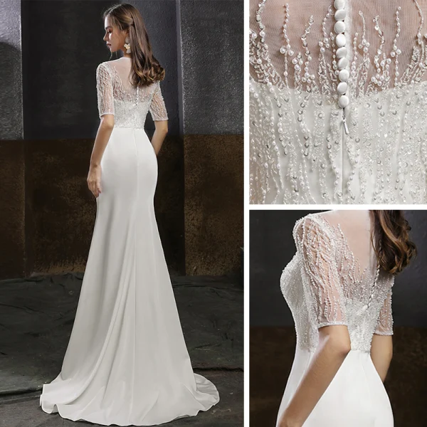 Élégant Blanche Satin Robe De Soirée 2020 Trompette / Sirène Transparentes Encolure Dégagée 1/2 Manches Perlage Perle Paillettes Train De Balayage Robe De Ceremonie