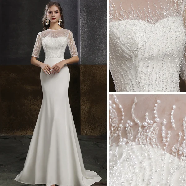 Élégant Blanche Satin Robe De Soirée 2020 Trompette / Sirène Transparentes Encolure Dégagée 1/2 Manches Perlage Perle Paillettes Train De Balayage Robe De Ceremonie