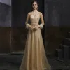 Best Champagne Gold Dancing Prom Dresses 2020 A-Line / Princess See-through Scoop Neck Long Sleeve Sash Beading Sequins Feather Floor-Length / Long Ruffle Formal Dresses