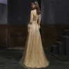 Best Champagne Gold Dancing Prom Dresses 2020 A-Line / Princess See-through Scoop Neck Long Sleeve Sash Beading Sequins Feather Floor-Length / Long Ruffle Formal Dresses
