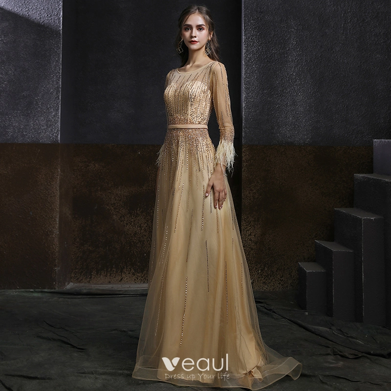 Best Champagne Gold Dancing Prom Dresses 2020 A Line Princess See Through  Scoop Neck Long Sleeve Sash Beading Sequins Feather Floor Length Long  Ruffle Formal Dresses