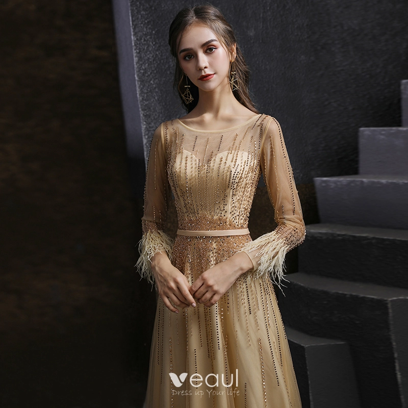 A-line Champagne Lace Appliqued Gold Sash Cap Sleeves Prom Dresses SWD –  SheerGirl