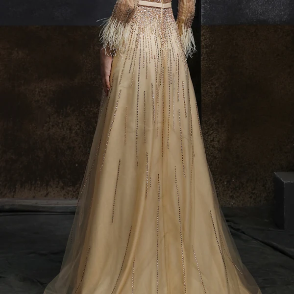 Meilleur Champagne Doré Dansant Robe De Bal 2020 Princesse Transparentes Encolure Dégagée Manches Longues Ceinture Perlage Paillettes Plumes Longue Volants Robe De Ceremonie