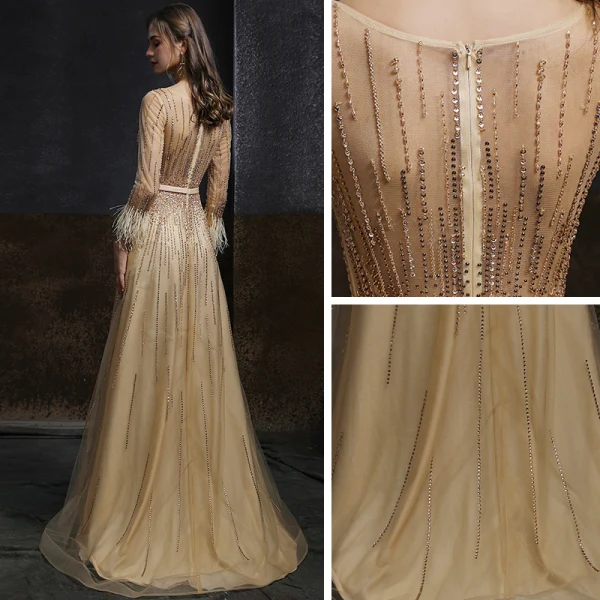 Meilleur Champagne Doré Dansant Robe De Bal 2020 Princesse Transparentes Encolure Dégagée Manches Longues Ceinture Perlage Paillettes Plumes Longue Volants Robe De Ceremonie