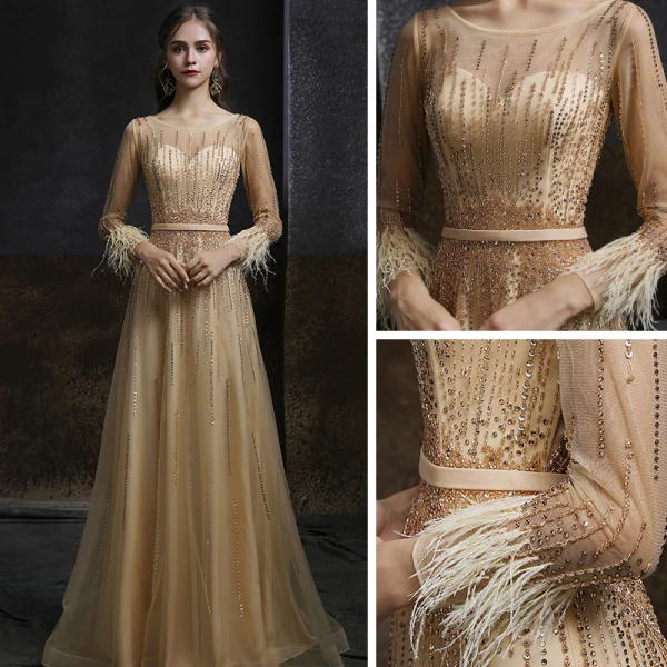 Meilleur Champagne Doré Dansant Robe De Bal 2020 Princesse Transparentes Encolure Dégagée Manches Longues Ceinture Perlage Paillettes Plumes Longue Volants Robe De Ceremonie