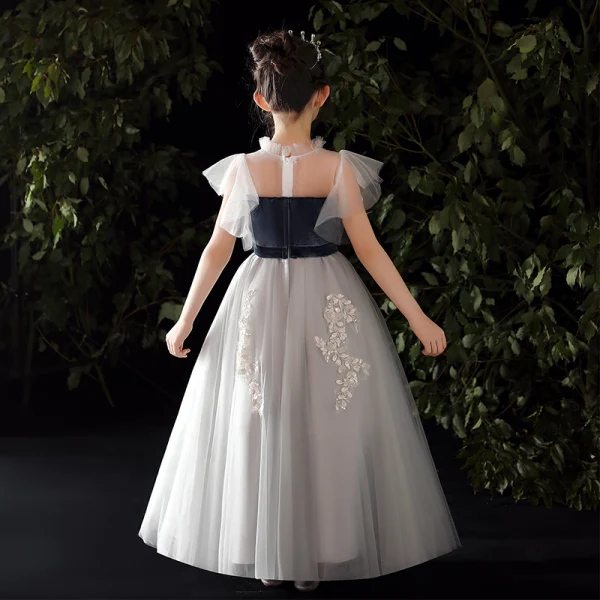 Chic / Beautiful Grey Flower Girl Dresses 2020 A-Line / Princess See-through High Neck Sleeveless Appliques Lace Beading Sequins Floor-Length / Long Ruffle