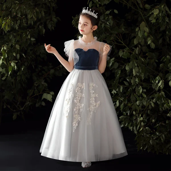 Chic / Beautiful Grey Flower Girl Dresses 2020 A-Line / Princess See-through High Neck Sleeveless Appliques Lace Beading Sequins Floor-Length / Long Ruffle