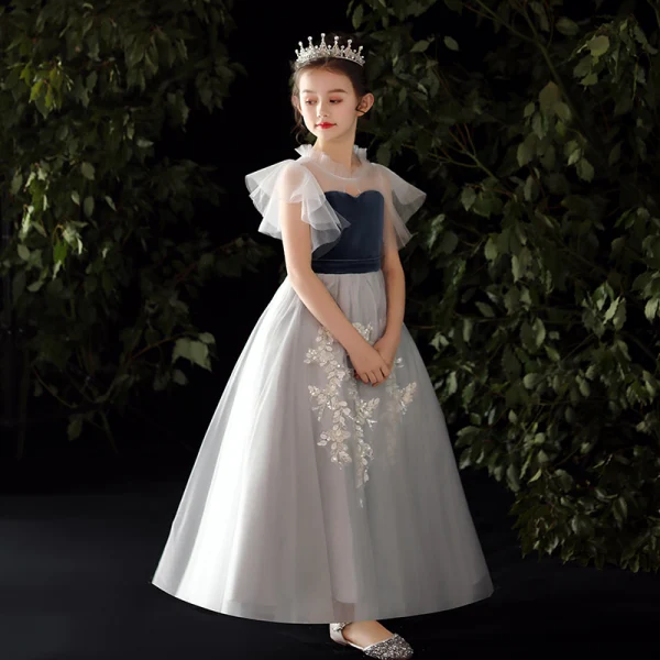 Chic / Beautiful Grey Flower Girl Dresses 2020 A-Line / Princess See-through High Neck Sleeveless Appliques Lace Beading Sequins Floor-Length / Long Ruffle