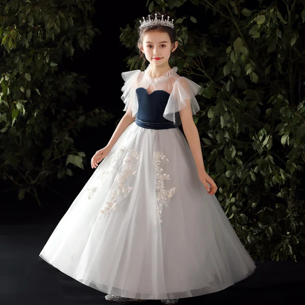 Chic / Beautiful Grey Flower Girl Dresses 2020 A-Line / Princess See-through High Neck Sleeveless Appliques Lace Beading Sequins Floor-Length / Long Ruffle