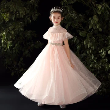 Vintage Retro Candy Pink Flower Girl Dresses 2020 Ball Gown High Neck Long Sleeve Beading Pearl Rhinestone Spotted Tulle Floor Length Long Ruffle