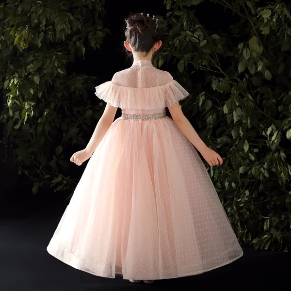 Vintage / Retro Candy Pink Flower Girl Dresses 2020 Ball Gown High Neck Long Sleeve Beading Pearl Rhinestone Spotted Tulle Floor-Length / Long Ruffle