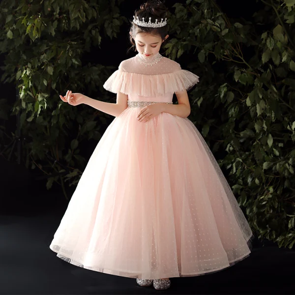 Vintage / Retro Candy Pink Flower Girl Dresses 2020 Ball Gown High Neck Long Sleeve Beading Pearl Rhinestone Spotted Tulle Floor-Length / Long Ruffle