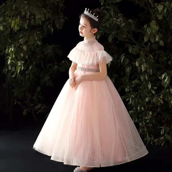 Vintage / Retro Candy Pink Flower Girl Dresses 2020 Ball Gown High Neck Long Sleeve Beading Pearl Rhinestone Spotted Tulle Floor-Length / Long Ruffle