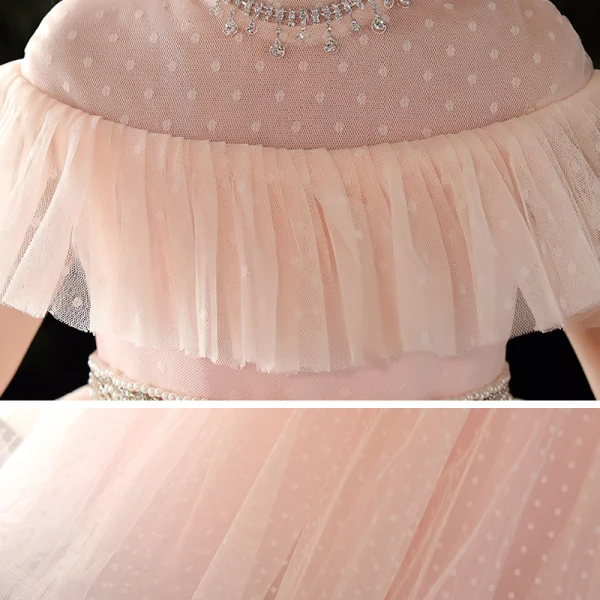 Vintage / Retro Candy Pink Flower Girl Dresses 2020 Ball Gown High Neck Long Sleeve Beading Pearl Rhinestone Spotted Tulle Floor-Length / Long Ruffle