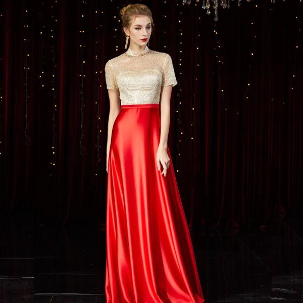 High End Rot Satin Durchsichtige Abendkleider 2020 A Linie Stehkragen Kurze Ärmel Perlenstickerei Lange Rüschen Festliche Kleider