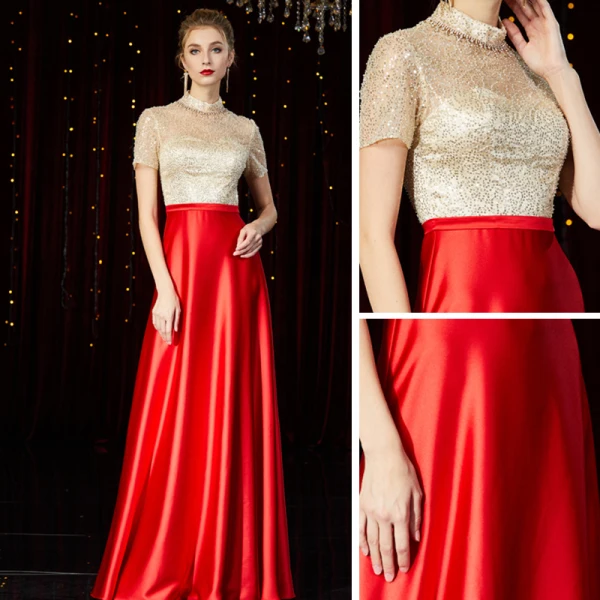 High End Rot Satin Durchsichtige Abendkleider 2020 A Linie Stehkragen Kurze Ärmel Perlenstickerei Lange Rüschen Festliche Kleider