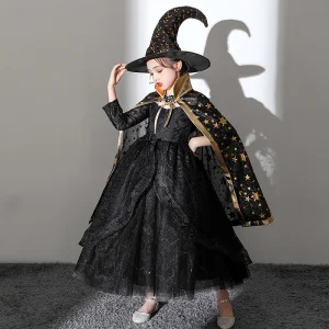 Halloween Cosplay Noire Robe Ceremonie Fille Avec Châle 2020 Robe Boule Encolure Dégagée Manches Longues Appliques En Dentelle Longueur Cheville Volants