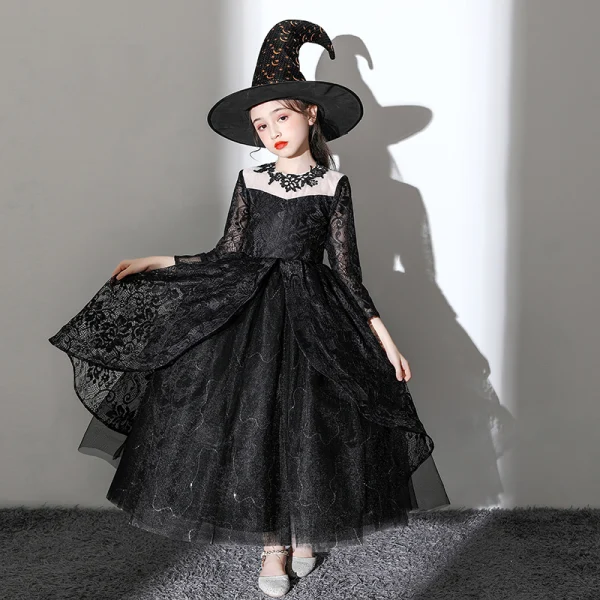 Halloween Cosplay Noire Robe Ceremonie Fille Avec Châle 2020 Robe Boule Encolure Dégagée Manches Longues Appliques En Dentelle Longueur Cheville Volants