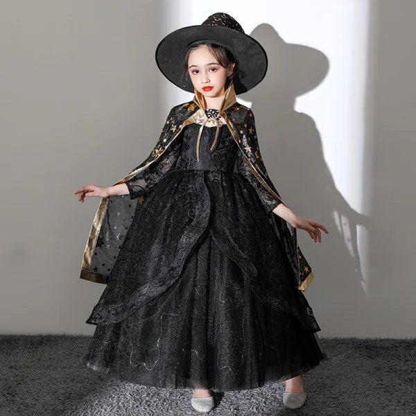 Halloween Cosplay Noire Robe Ceremonie Fille Avec Châle 2020 Robe Boule Encolure Dégagée Manches Longues Appliques En Dentelle Longueur Cheville Volants