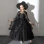 Halloween Cosplay Noire Robe Ceremonie Fille Avec Châle 2020 Robe Boule Encolure Dégagée Manches Longues Appliques En Dentelle Longueur Cheville Volants