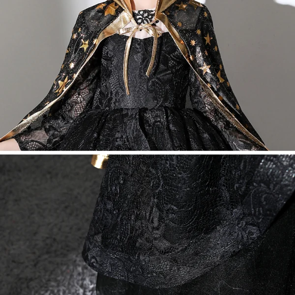 Halloween Cosplay Noire Robe Ceremonie Fille Avec Châle 2020 Robe Boule Encolure Dégagée Manches Longues Appliques En Dentelle Longueur Cheville Volants
