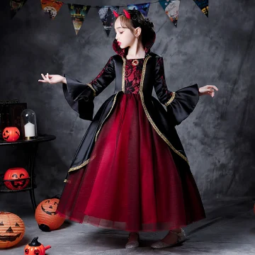 Deux Tons Rouge Noire Halloween Cosplay Robe Ceremonie Fille 2020 Robe Boule Encolure Carrée Manches Longues Faux Diamant Longue Volants