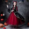 Two Tone Red Black Halloween Cosplay Flower Girl Dresses 2020 Ball Gown Square Neckline Long Sleeve Rhinestone Floor-Length / Long Ruffle