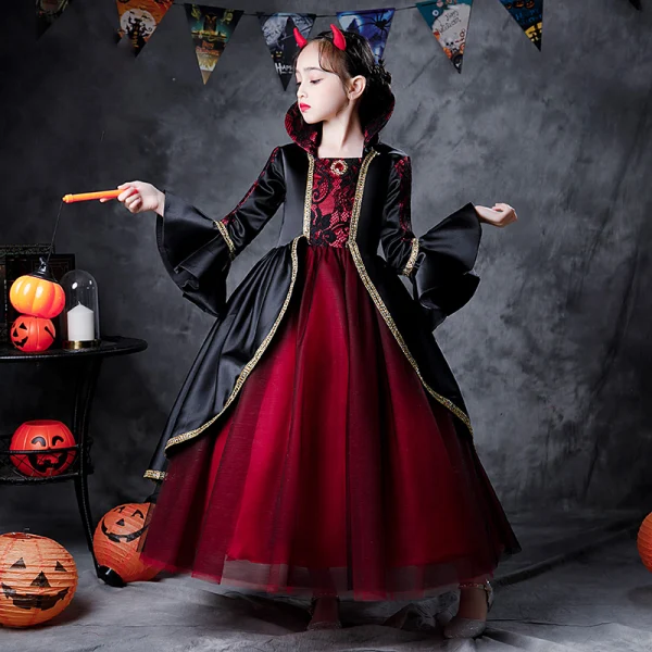 Deux tons Rouge Noire Halloween Cosplay Robe Ceremonie Fille 2020 Robe Boule Encolure Carrée Manches Longues Faux Diamant Longue Volants