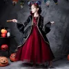 Two Tone Red Black Halloween Cosplay Flower Girl Dresses 2020 Ball Gown Square Neckline Long Sleeve Rhinestone Floor-Length / Long Ruffle
