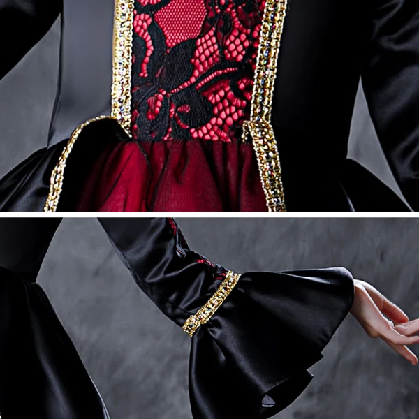 Deux tons Rouge Noire Halloween Cosplay Robe Ceremonie Fille 2020 Robe Boule Encolure Carrée Manches Longues Faux Diamant Longue Volants