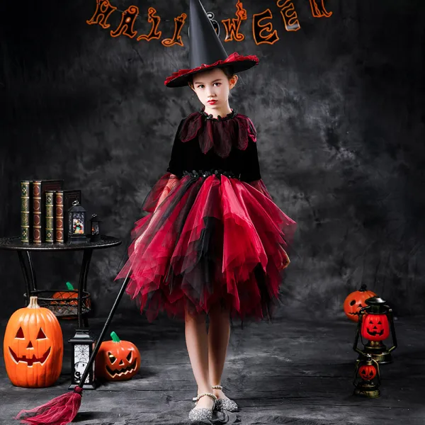 Halloween Cosplay Red Flower Girl Dresses 2020 Ball Gown Scoop Neck Long Sleeve Appliques Lace Sequins Knee-Length Cascading Ruffles