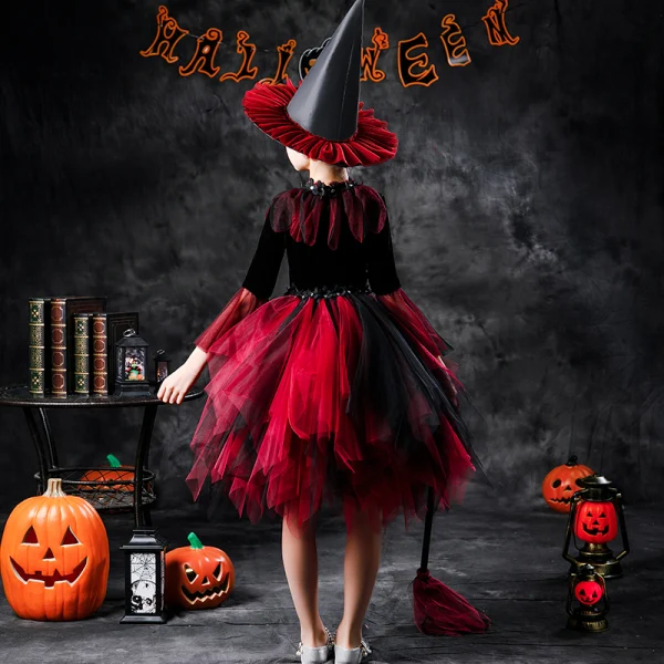Halloween Cosplay Red Flower Girl Dresses 2020 Ball Gown Scoop Neck Long Sleeve Appliques Lace Sequins Knee-Length Cascading Ruffles