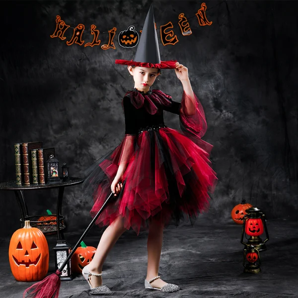 Halloween Cosplay Red Flower Girl Dresses 2020 Ball Gown Scoop Neck Long Sleeve Appliques Lace Sequins Knee-Length Cascading Ruffles