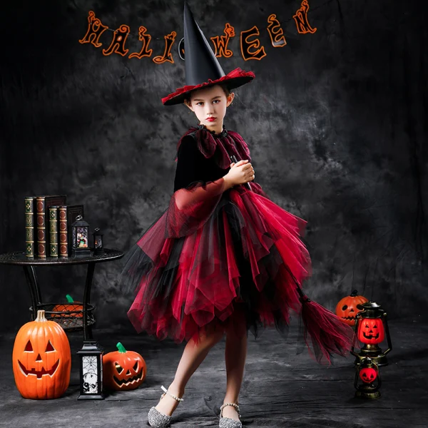 Halloween Cosplay Red Flower Girl Dresses 2020 Ball Gown Scoop Neck Long Sleeve Appliques Lace Sequins Knee-Length Cascading Ruffles
