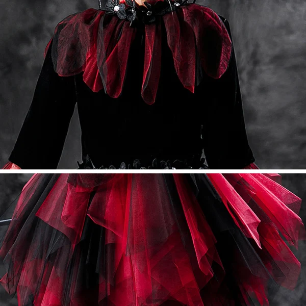 Halloween Cosplay Red Flower Girl Dresses 2020 Ball Gown Scoop Neck Long Sleeve Appliques Lace Sequins Knee-Length Cascading Ruffles