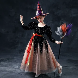 Vintage Originale Halloween Cosplay Noire Marron Robe Ceremonie Fille 2020 Robe Boule Encolure Dégagée Gonflée 3 4 Manches Ceinture Glitter Étoile Longue