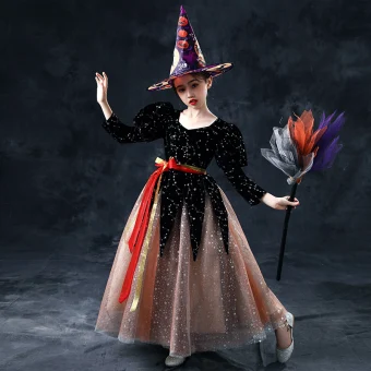 Vintage Originale Halloween Cosplay Noire Marron Robe Ceremonie Fille 2020 Robe Boule Encolure Dégagée Gonflée 3 4 Manches Ceinture Glitter Étoile Longue