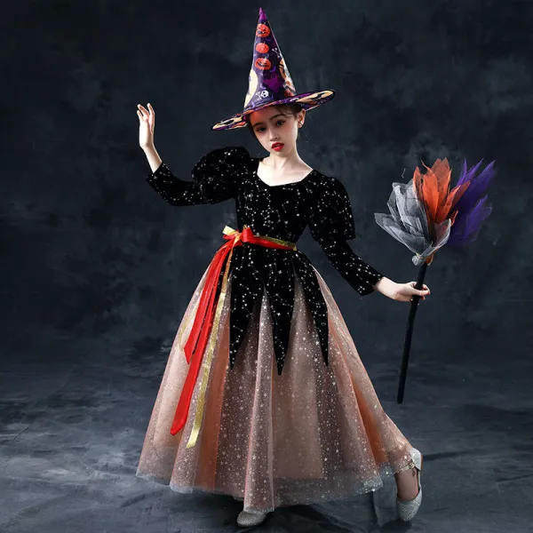 Vintage / Originale Halloween Cosplay Noire Marron Robe Ceremonie Fille 2020 Robe Boule Encolure Dégagée Gonflée 3/4 Manches Ceinture Glitter Étoile Longue