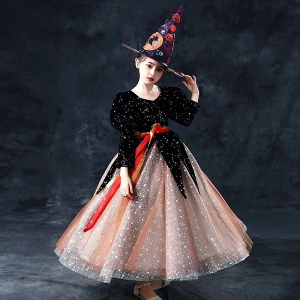 Vintage / Retro Halloween Cosplay Black Brown Flower Girl Dresses 2020 Ball Gown Scoop Neck Puffy 3/4 Sleeve Sash Glitter Star Floor-Length / Long