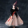 Vintage / Originale Halloween Cosplay Noire Marron Robe Ceremonie Fille 2020 Robe Boule Encolure Dégagée Gonflée 3/4 Manches Ceinture Glitter Étoile Longue